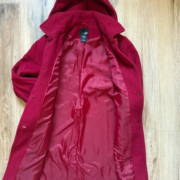 🍒 East 5th Cherry Red Pea Coat with Removable Hood - Picture 3 of 6